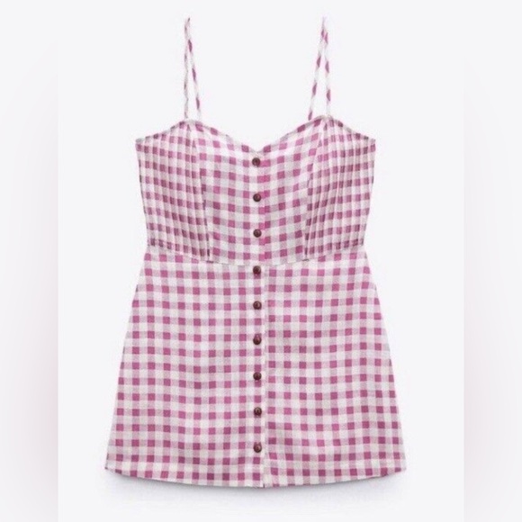 ZARA Pink Gingham Checked Buttoned Linen Playsuit Jumpsuit Dress - Picture 3 of 11